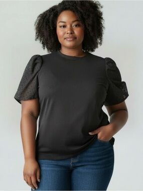 Adrianna Papell Black Mixed Media Top Sheer Dot Puff Sleeves XL Corporate Goth